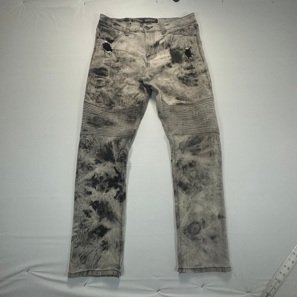 Smoke & Ash Mens Moto Jeans 32x30 Grey Acid Wash Dye Distressed M9-201130-GRY